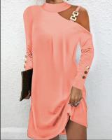 Vestido Elegante De Mujer Con Botones Metálicos Y Cuello Colgante De Color Sólido Vestido De Manga Regular Para Otoño - details 2