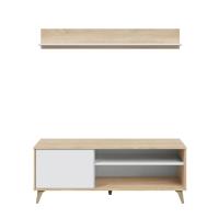 Meimon Mueble TV KIKUA PLUS con estante de colgar, 1 puerta con apertura push, patas ABS, hueco pasacables, acabado en Roble Canadian y Blanco Ark, fabricado en melamina TIPO E1, medidas TV: 135x40x50 cm, estante: 135x17,5x19,5 cm, carga máx. 40 kg. - details 4
