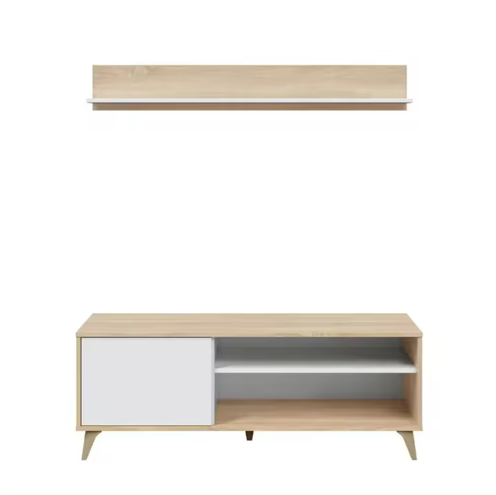 Meimon Mueble TV KIKUA PLUS con estante de colgar, 1 puerta con apertura push, patas ABS, hueco pasacables, acabado en Roble Canadian y Blanco Ark, fabricado en melamina TIPO E1, medidas TV: 135x40x50 cm, estante: 135x17,5x19,5 cm, carga máx. 40 kg. - 1