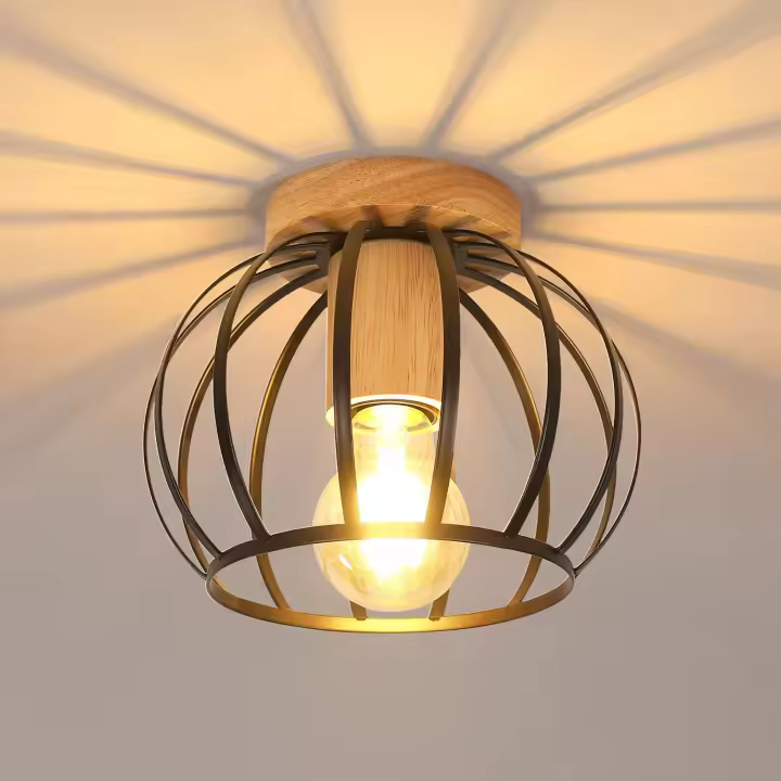 E27 Para Sala de Estar, Cocina, Dormitorio, Pasillo, Patio Lámpara de Techo Vintage, Montaje Semi Emtroado Negra, Pantalla de Techo de Jaula de Metal with Soporte - 1