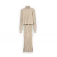 Vestido Tiffosi Titania beige, de punto canalé con cuello redondo y manga larga. - details 0
