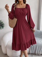 Vestido A-Line De Mujer Elegante Otoño Invierno Color Sólido Cuello Cuadrado Manga Larga Volantes Vestido Midi Casual Polyester Spandex - details 11