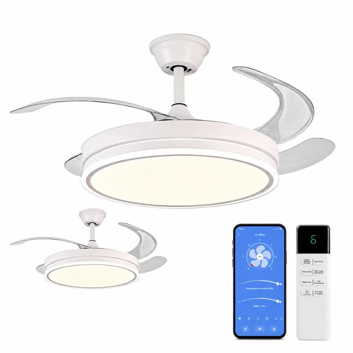 Ventilador de techo inteligente LED retráctil 42", 4 aspas, 85 W, APP, motor DC blanco