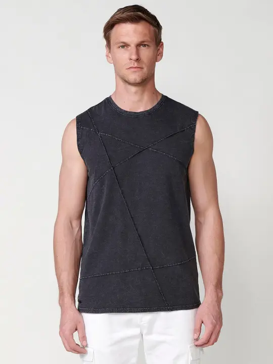 Koroshi Camiseta sin mangas de algodón con detalles geometricos para hombre en negro - 1