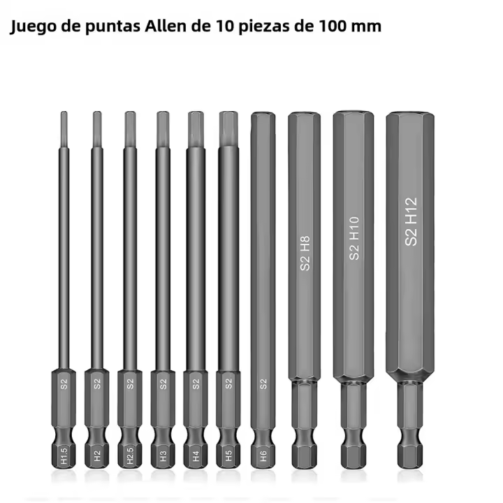 Juego De 10 Piezas De Llaves Allen De 1/4" Hex Head Broca De 100mm Largo S2 Acero Brocas Métricas Destornillador Multifuncional Antideslizante Magnético - 1