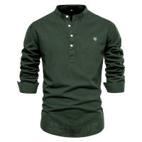 Camisa delgada de primavera y verano para hombre, moda informal, color sólido, talla europea, camisa de manga larga, top bordado de algodón y lino - details 6
