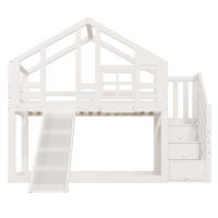 Cama Infantil Treehouse 90x200 cm, Litera Infantil, construcción de Ventana con tobogán y Protección Contra Caídas, Blanco, incluido. Pizarra - 2 somieres (colchón no incluido) - details 0