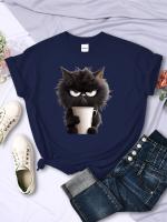 Camiseta Kawaii Para Mujer Con Estampado De Gato Negro Y Taza De Papel Cuello Redondo Transpirable Suave Verano Ropa De Calle - details 4