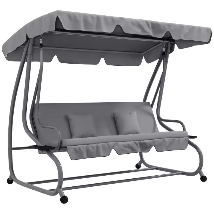 Outsunny Balancín de Jardín Exterior de 3 Plazas Columpio de Jardín Exterior Convertible en Cama con Toldo Ajustable Soportes Laterales y 2 Almohadas Carga 340 kg 200x120x164 cm - 1