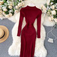 Vestido REALEFT De Punto Para Mujer Con Cuello Alto Y Mangas Largas Estampado Sólido Estilo Casual Vestido De Abrazo Largo Hasta La Rodilla Para Otoño E Invierno - details 16