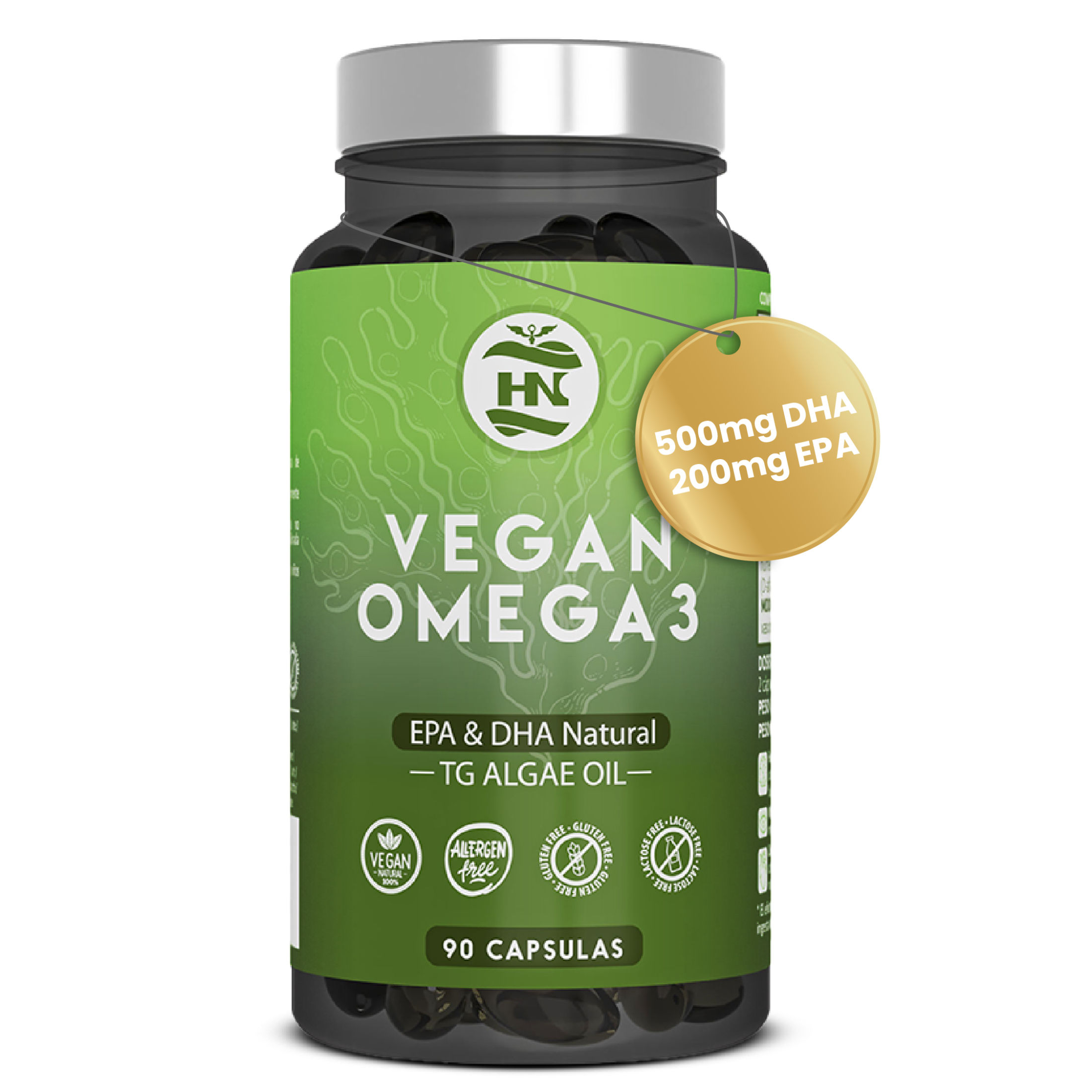 HN - Healthy Nutrition Omega 3 Vegano de Algas (90 Caps, 45 días) Omega 3 Aceite de Algas equilibrado con DHA y EPA, Omega 3 Algas Marinas con Vitamina E,  Ideal para Cerebro y Corazón, Suplemento para Veganos-Vegetarianos