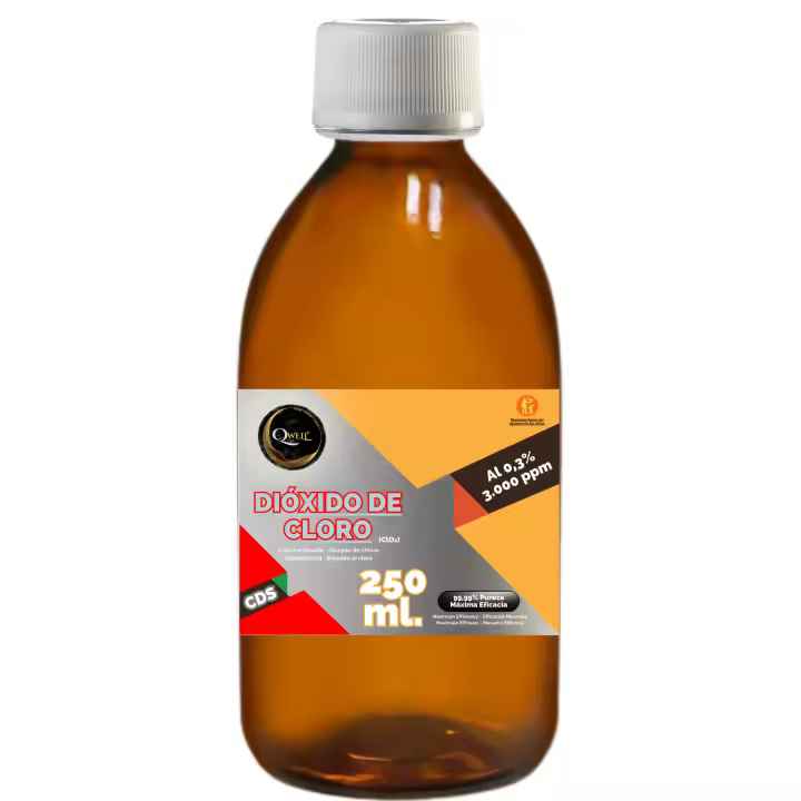 QWell® Solución Dióxido de Cloro 250 ml.  CDS/CDL  3.000 ppm al 0,3%  Registro Sanitario Alemán  Envase de Vidrio de Laboratorio Reutilizable  Con Precinto, Gotero y Vaso dosificador de Regalo - 1