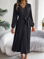 Vestido Elegante De Mujer Con Botones Y Cuello En V Manga Larga Plegado Con Cierre De Lazo Estilo Casual A-Line Para Primavera/Otoño - details 27