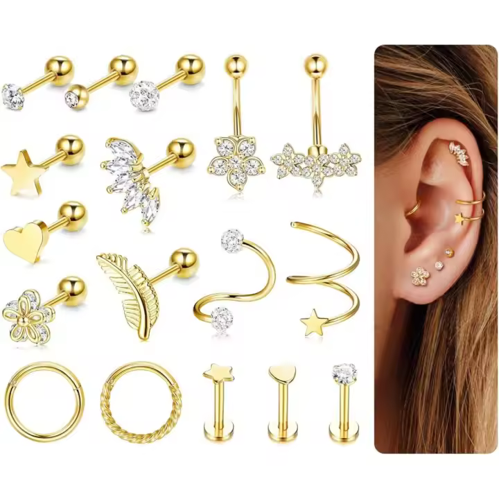 Nariz Piercing Septum Tragus Joyería Mujer Gold Silver Tone Dorado 17 Piezas Piercing Oreja Helix Piercing Maple QuirurgicoTrago - 1