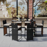 Set de Bar de Jardín de 7 Piezas with Cepillos, Espacio para Estantes, Tabla de Mesa de Cristal Templado, Ratán de Poliéster, Mezclas de Negro y Marrónnegro - details 2
