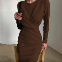Vestido Bodycon Midi De Otoño Invierno Para Mujer Con Manga Larga Cuello Redondo Elegante Y Chic Ajustado Para Oficina Y Calle - details 8