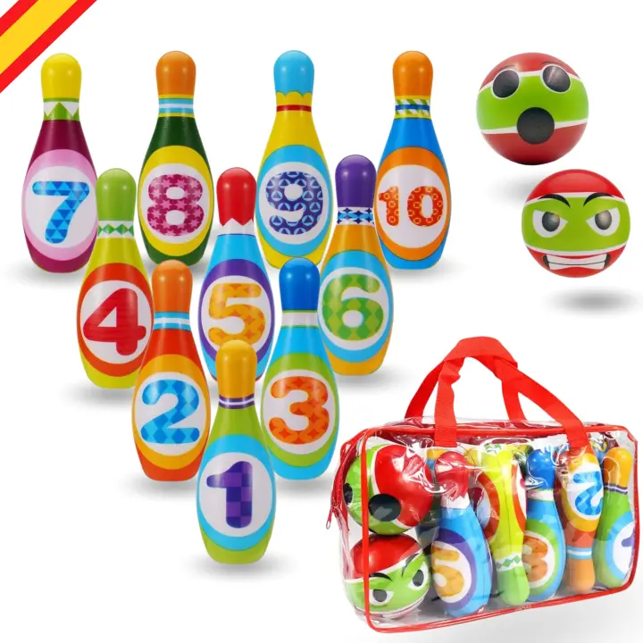 Manda - Bolos Infantiles - Juego de Bolos para Niños - Regalo Bolsa Transporte - Juguete Seguro, para niños  entre 2 y 6 años - Regalo niño - Juguetes Montessori - Bowling niños - 10 Bolos de 14cm de Espuma.  Ideal para regalo para niños pequeños. - 1