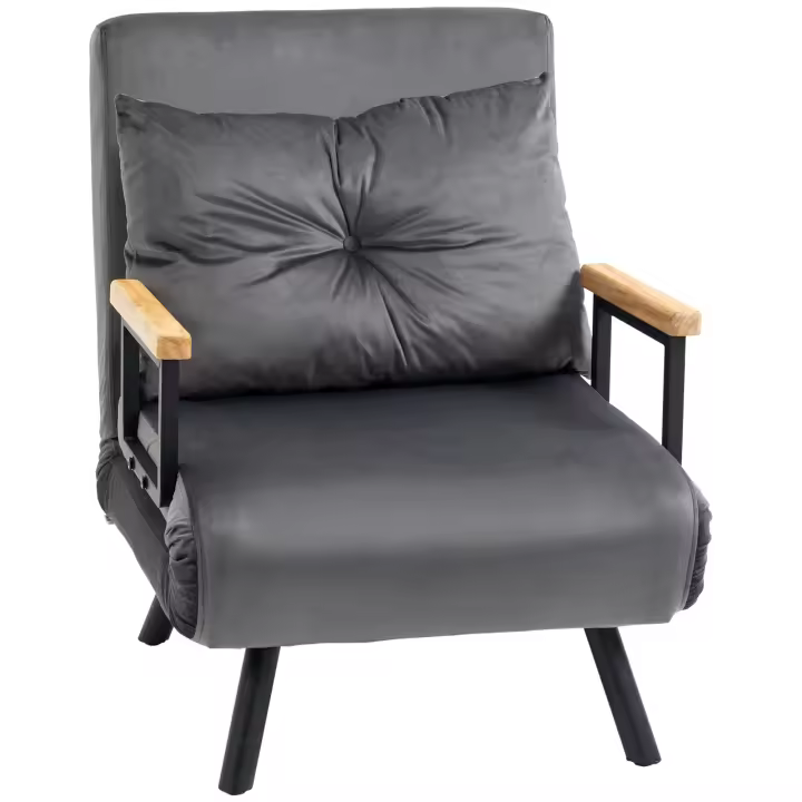 Sofá individual con función de Cama, Reclinable con respaldo ajustable, Exterior de terciopelo, Gris Oscuro - 1