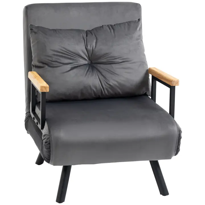 Sofá individual con función de Cama, Reclinable con respaldo ajustable, Exterior de terciopelo, Gris Oscuro - 1