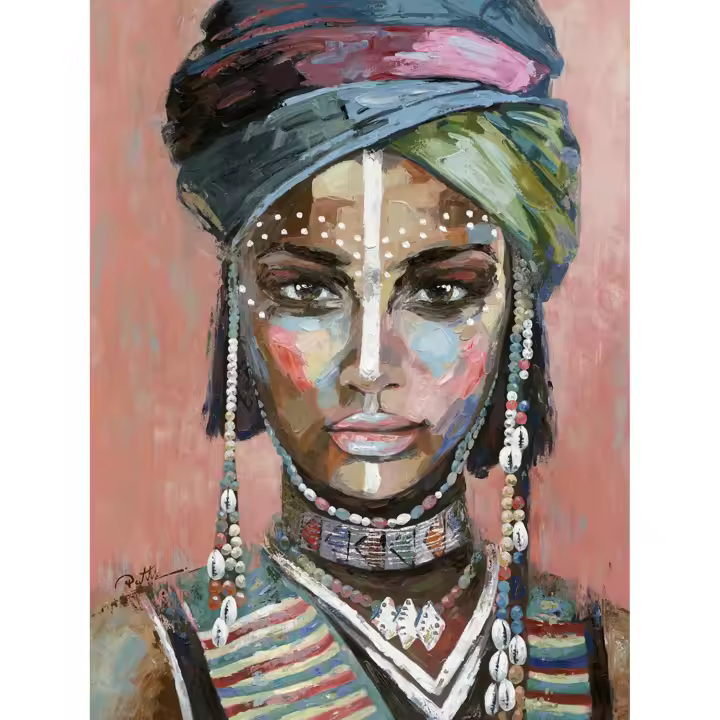Hispanohogar Cuadro en Lienzo Pintado Al óleo Mujer con Turbante en Fondo Coral 100x70x3 Cm - 1