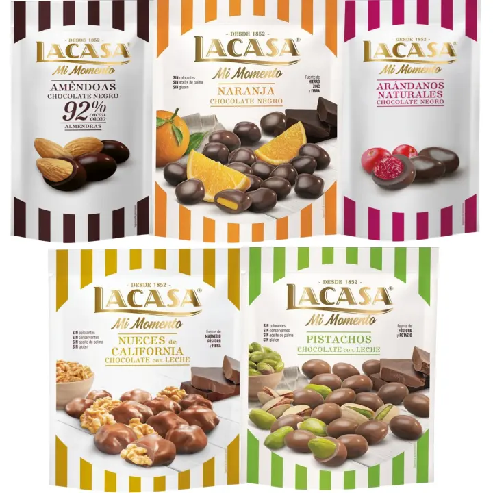 Lacasa Mi Momento pack de 5:Arándano Chocolate Negro ,Almendra 92% ,Nueces Chocolate Leche ,Naranja Chocolate Negro ,Pistacho Chocolate Leche - 1