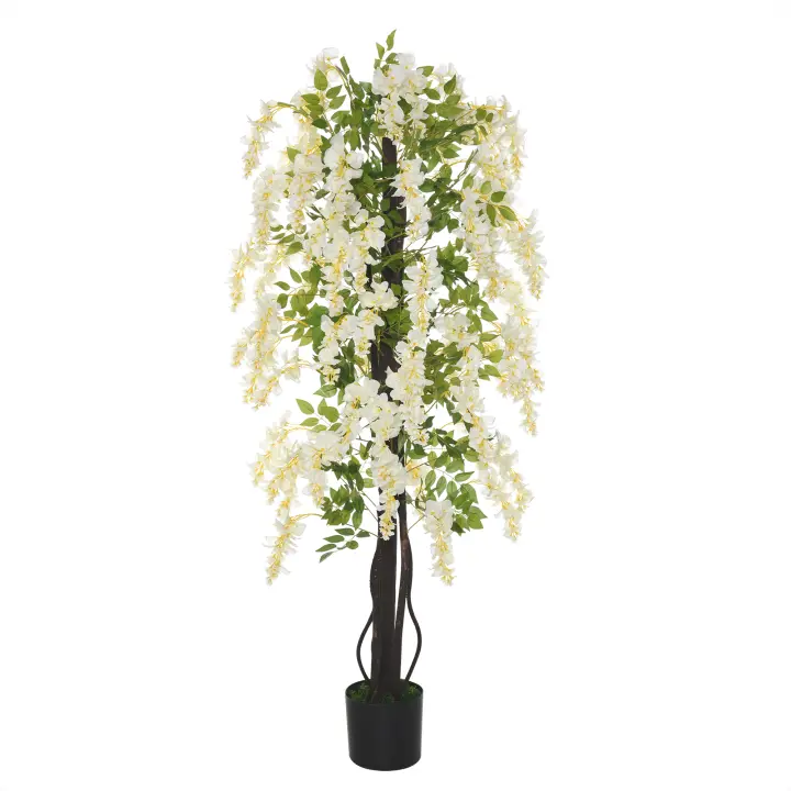 Outsunny Planta Artificial con Decoración de Glicina Blanca 1,65 m Plantas Artificiales en Maceta Decoración de Árboles Artificiales Cemento Plástico Blanco + Verde 24 x 24 x 165 cm - 1