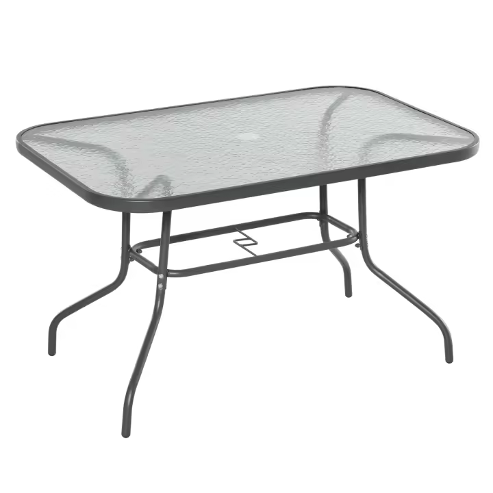 Outsunny Mesa de Jardín Exterior Rectangular de Metal Bordes Curvos con Orificio para Sombrilla Capacidad 70kg Vidrio Templado 120x80x70 cm Gris Carbón - 1