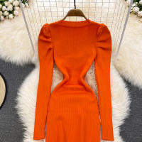Vestido REALEFT De Mujer Otoño Invierno Con Cuello Cuadrado Manga Larga Y Acolchado De Puff Trasero Lateral Split Midi Casual - details 12