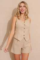 SOLO VENTA CHALECO - CONJUNTO BEIGE LINEAS CHALECO Y SHORT - Solo Venta Chaleco, Beige, Lineas, Algodón, Lino, Polyester, Elastano, Primavera Verano para Mujer - details 0