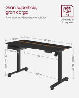Escritorio eléctrico ajustable en altura, mesa de pie 60x140 cm, ajuste continuo, 4 memorias de altura, disponible en blanco, gris, marrón rústico o negro - details 19
