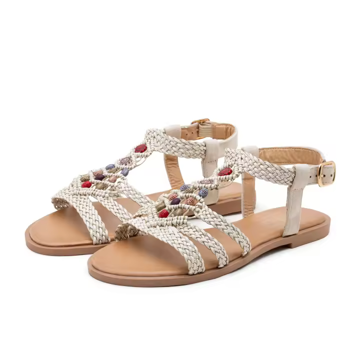 Sandalias Mujer Planas Tira Trenzada Bolas Multicolor - 1