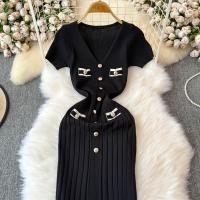 Vestido Largo Elegante Tejido Para Mujer Verano V Cuello Suelto Botones Bodycon Midi Fiestas Oficina Vestidos De Mujer - details 22