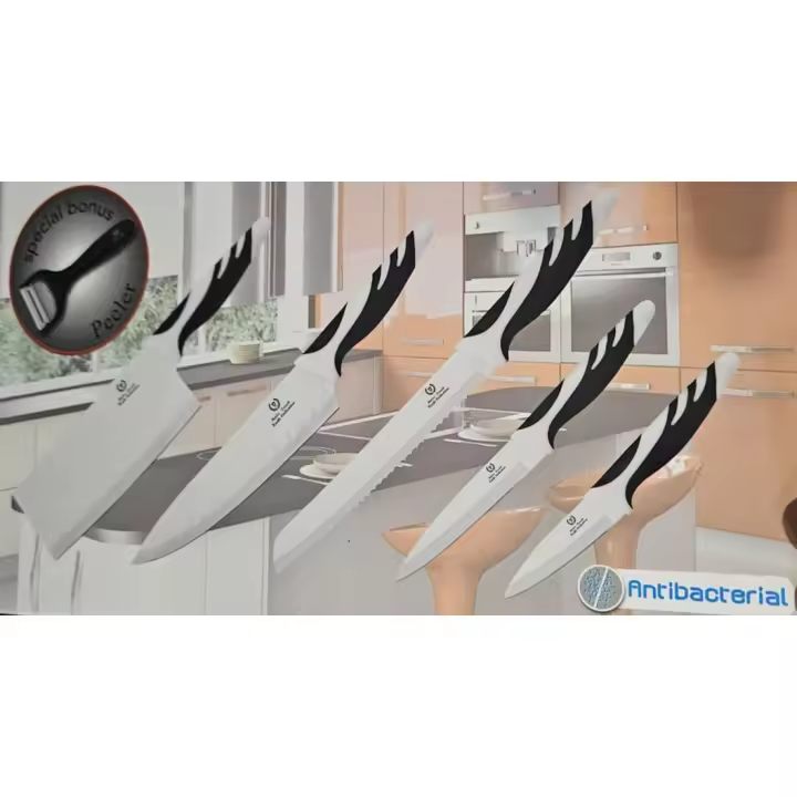 Lolek Set de 5 Cuchillos de Acero blanco con Pelador de Patatas de Cerámica, Hacha de Cocina, Cuchillo Chef, Cuchillo Pan, Pelador y Rebanador - 1
