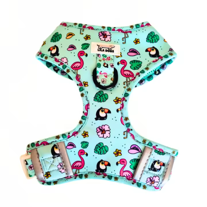 Arnés ajustable para perro diseño Flamingo. Disponible en tallas de la XXS a la L. Antitirones. Arnés ajustable en cuello y pecho para perros de todos los tamaños. Marca Lila Dogs - 1