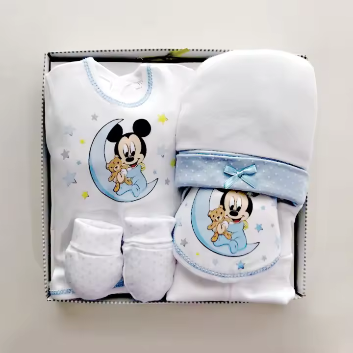 Conjunto bebe recien nacido mickey liababylove, disponible en azul o rosa, compuesto de 5 piezas: gorro, manoplas, chaqueta, polaina y babero. 100x100 algodon - 1