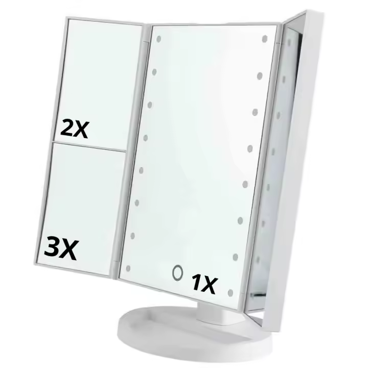 Espejo Maquillaje Luz Led Aumento 1X, 2X, 3X Iluminación 16 Led Ajustable Rotación 180º Espejo Base Tocador Táctil  Plegable Tri-Fold Maquillaje Cosmético Funciona con cable USB o Baterías - 1