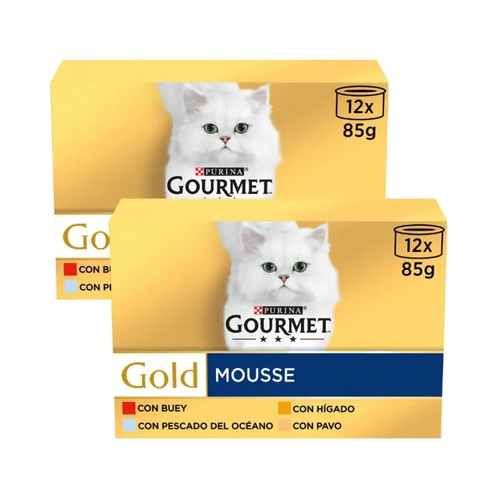 GOURMET - Gold (24x85 gr) - Mousse Pack Surtido (Buey,PescadodelOcéano,HígadoyPavo) (2 Cajas de 12x85 gr) - 1