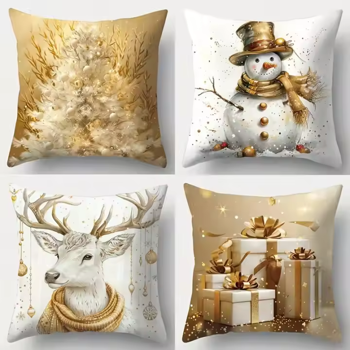De 4 piezas-Árbol de Navidad Contemporáneo, Caja de regalo, Muñeco de Navidad y Diseños de Ciervos-perfecto para habitación, oficina y decoración de sofá-45x45 cm, con Cremallera, poliéster, solo Lavado a mano - 1