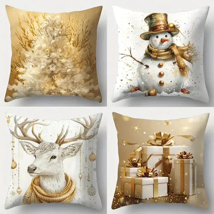 De 4 piezas-Árbol de Navidad Contemporáneo, Caja de regalo, Muñeco de Navidad y Diseños de Ciervos-perfecto para habitación, oficina y decoración de sofá-45x45 cm, con Cremallera, poliéster, solo Lavado a mano - 1