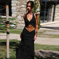 Conjunto Elegante De 2 Piezas Para Mujer Halter Sin Espalda Camisola De Cintura Elástica Con Volantes + Falda Larga De Encaje Sólida Vestido De Noche Para Fiesta Y Vacaciones En La Calle - details 41