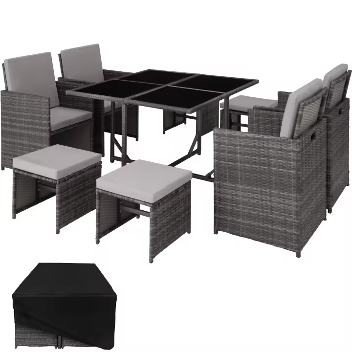 Tectake - Conjunto de ratán BILBAO 4+4+1 funda protectora  Fácil de limpiar  Mesa con 4 tableros de cristal  4 sillones con cojines para el asiento y el respaldo  4 taburetes con cojines  Todas las fundas son extraíbles e impermeables - 1