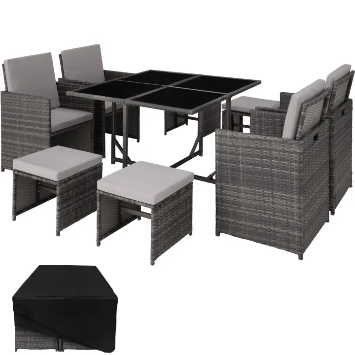 Tectake - Conjunto de ratán BILBAO 4+4+1 funda protectora  Fácil de limpiar  Mesa con 4 tableros de cristal  4 sillones con cojines para el asiento y el respaldo  4 taburetes con cojines  Todas las fundas son extraíbles e impermeables - 1