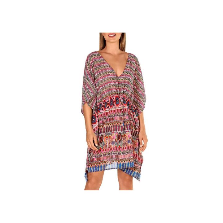 Tamouré by Dolores Cortés Camisola Verano elegante. Camisola Estampada Tamouré by Dolores Cortés. 3148. Camisola de mujer con estampado colorido y diseño suelto, ideal como complemento para tus días de playa o piscina. Escote en pico y cintura ajustable