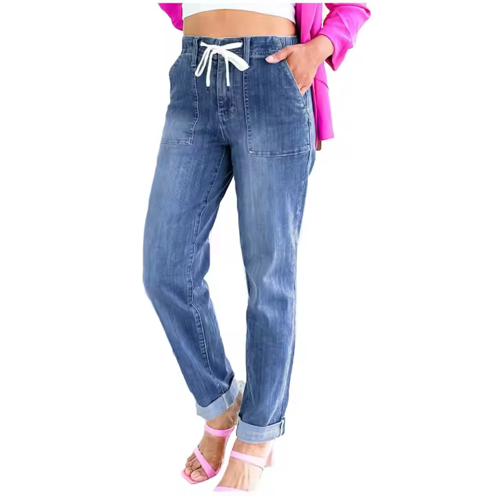 Pantalones Casuales Para Mujer Con Cordón Cintura Alta Jeans Rectos De Algodón Y Spandex Estilo Sencillo Para Todas Las Estaciones - 1