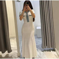 Vestido Maxi De Punto Elegante Para Mujer Con Cuello Redondo Y Manga Corta Botones Metálicos Ajustado Para Oficina Y Viajes - details 4