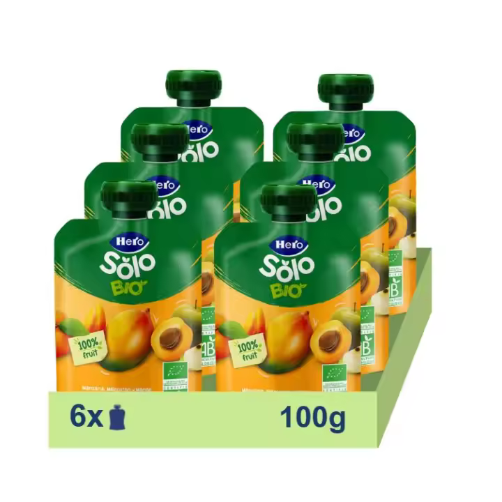 Hero Solo pack de bolsitas bio Manzana, Melocotón y Mango 100% ecológicas. Para bebés desde 4 meses. 6x100g - 1