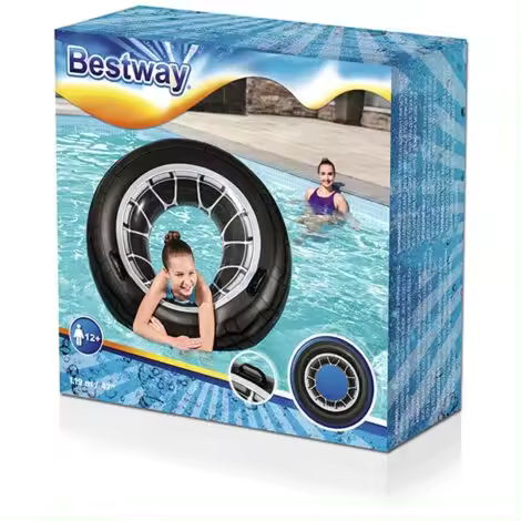 BESTWAY 36102 - Flotador Hinchable Infantil Diseño de Rueda 119 cm para Mayores de 12 Años Vinilo Resistente Blanco y Negro con Asas Agarraderas y Válvula de Seguridad - 1