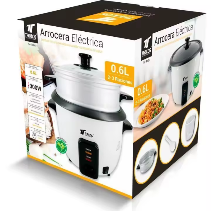 Arrocera eléctrica, 0.6L (2-3 Raciones), Función Mantener Caliente, Incluye Cuchara y Vaso Medidor. THULOS TH-RK06 - 1