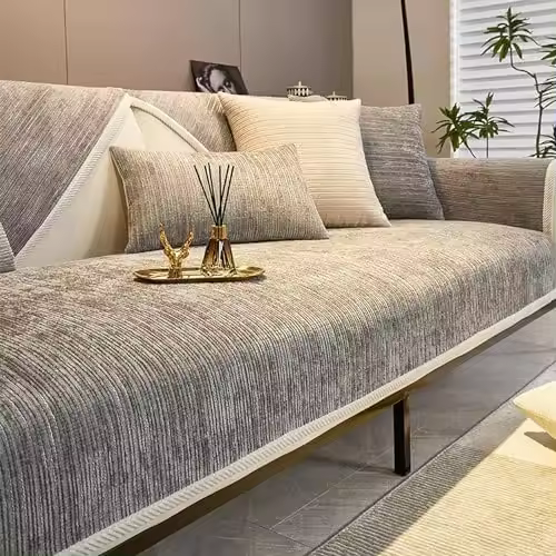 Funda de sofá antirrayas de chenilla a rayas simple, funda de sofá antideslizante lavable para perros, funda de sofá protectora de muebles de tela de chenilla en espiga (gris claro, 27,6 * 27,6 pulgadas) - 1