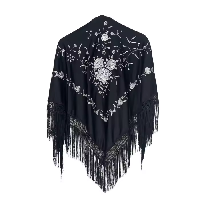Mantón de manila de pico negro y blanco dibujo con rosas (160cm x 80cm sin fleco) - 1